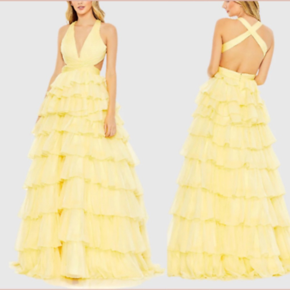 Mac Duggal Yellow Ruffled Backless Sundress